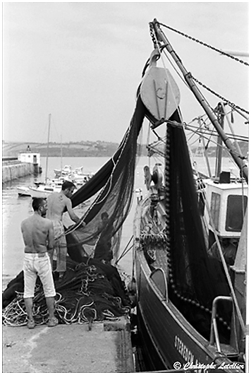 Marins v&eacute;rifiant les filets de p&ecirc;che dans le port du Rosmeur de Douarnenez. &copy; Juillet 2006 Christophe Letellier tous droits r&eacute;serv&eacute;s-Sailors checking the fishing nets in the port of Rosmeur of Douarnenez. &copy; Juillet 2006 Christophe Letellier all rights reserved.