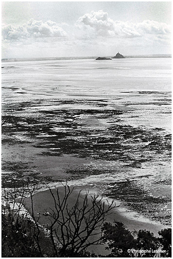 Photo noir et blanc de la galerie " La baie du Mont Saint Michel ". La baie découverte à marée basse depuis St Jean-le-Thomas,Manche. © Août 2001 Christophe Letellier, tous droits réservés. Pour revenir à la galerie, cliquez sur la photo.